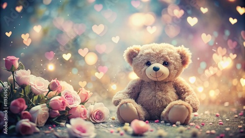 Romantic Double Exposure: Teddy Bear & Valentine's Hearts