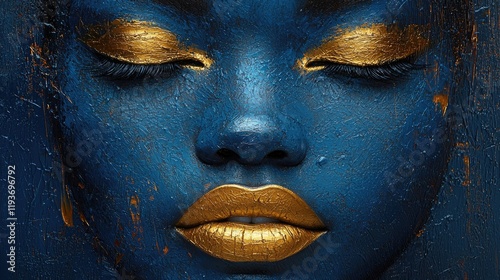 Navy Blue-Grey Abstract Painting: Modern Minimalist Portrait with Gold Lips in Cubism Style