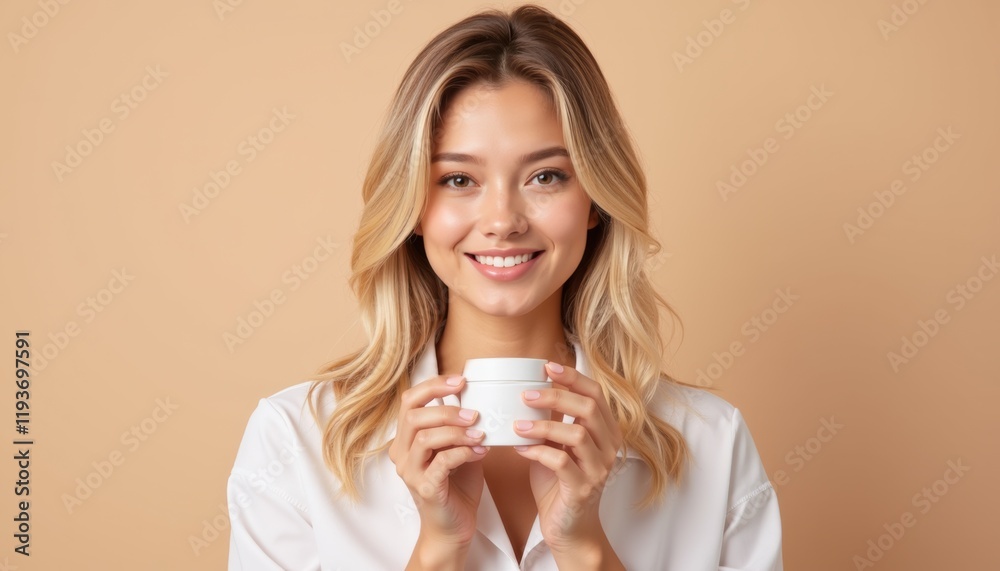 Blonde woman smiling with cosmetics mockup on beige background Blonde woman smiling with cosmetics mockup on beige background