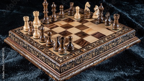 Ornate wooden chessboard with pieces set up for a game.