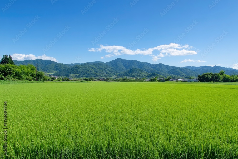 Beautiful green grassy hills under blue sky in summer, mountains background. Beautiful Japanese landscape panorama with meadow field and mountain range. A photograph of an Colourful stunning breathtak Beautiful green grassy hills under blue sky in summer, mountains background. Beautiful Japanese landscape panorama with meadow field and mountain range. A photograph of an Colourful stunning breathtak