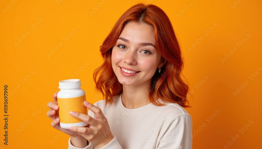 European woman with red hair holding vitamin jar mockup, smiling at the camera against orange background, close-up studio shot European woman with red hair holding vitamin jar mockup, smiling at the camera against orange background, close-up studio shot