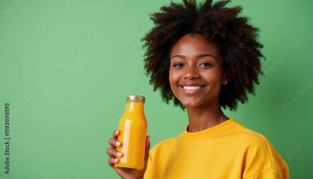 Happy African American woman with juice bottle mockup in hand, looking at the camera, soft green backdrop with copy space Happy African American woman with juice bottle mockup in hand, looking at the camera, soft green backdrop with copy space