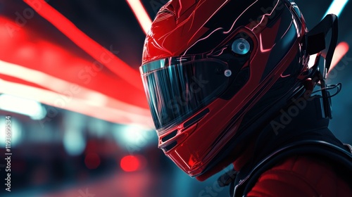 Red Racing Helmet Closeup: Night Race Blurred Lights Background