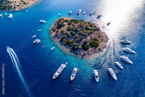 Fototapeta Naklejka Na Ścianę i Meble -  Turkbuku Bay of Bodrum. Mugla, Turkey. Aerial panoramic view of Turkbuku (Golturkbuku). Drone shot.