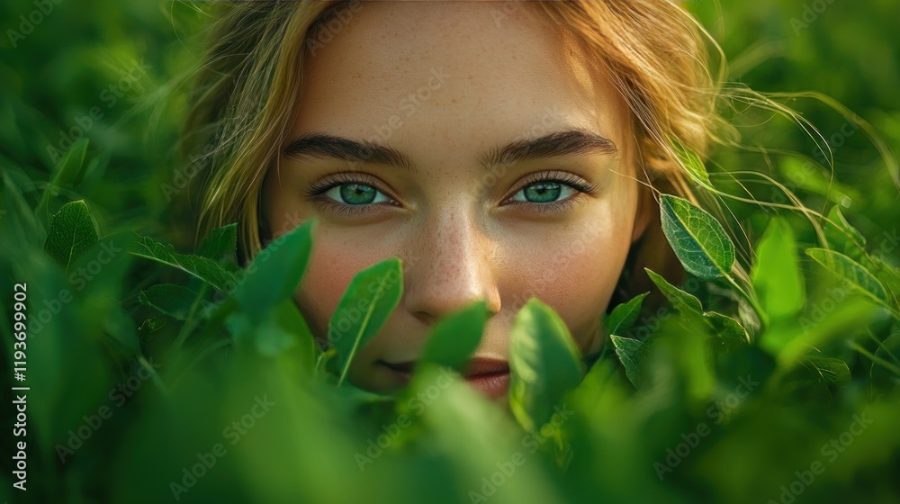 Woman's face in green leaves. Woman's face in green leaves.