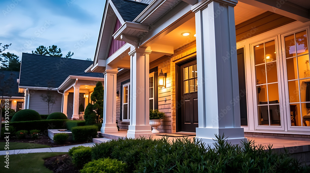 Fototapeta premium Luxury House Exterior at Dusk: Elegant Home Design and Landscaping