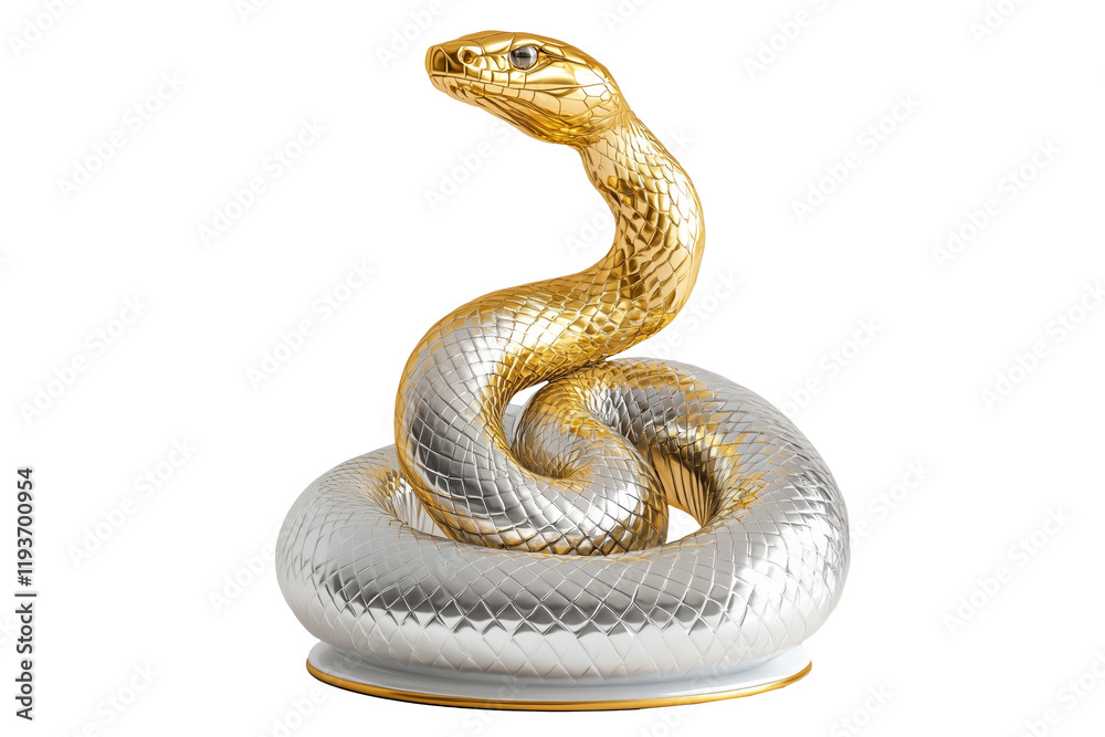 Fototapeta premium Coiled silver and golden snake sculpture with detailed scales isolated on white background, reptiles or wildlife