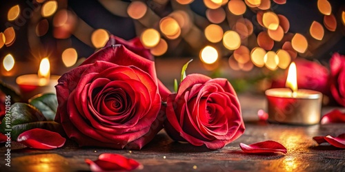 Romantic Valentine's Day Flowers in Low Light, Soft Focus, Red Roses, Candles, Dark Background