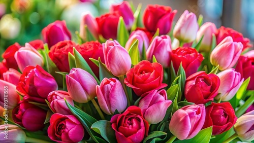 Romantic Valentine's Day Flowers: Red Roses and Pink Tulips Arranged with Rule of Thirds Composition