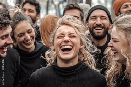 Group of young adults laughing outdoors, mixed race, caucasian, and hispanic