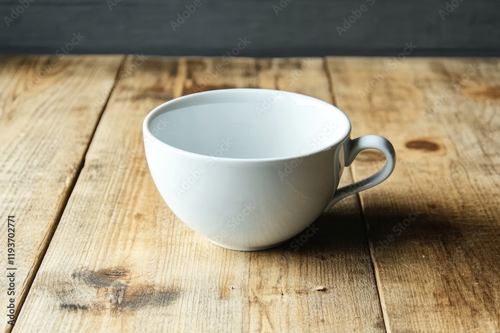 Simple white ceramic cup on rustic wooden surface Simple white ceramic cup on rustic wooden surface