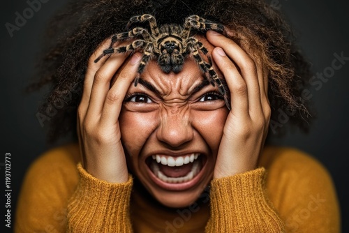 Frightened young african female with tarantula on head photo