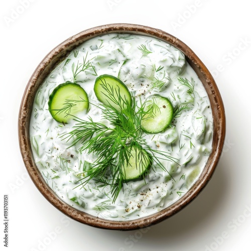 A bowl of Mediterranean tzatziki sauce with cucumbers and dill, isolated white background, impressionist art style
