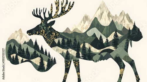 A deer with antlers shaped like mountain peaks its body decorated with patterns of cliffs valleys and pine trees.