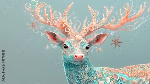A deer with antlers resembling coral reefs adorned with patterns of seashells starfish and flowing ocean waves.