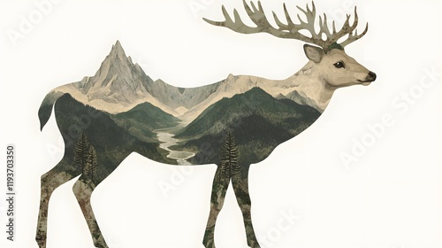 A deer with antlers shaped like mountain peaks its body decorated with patterns of cliffs valleys and pine trees.