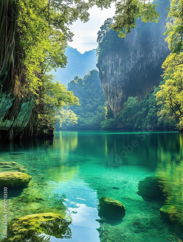Peaceful Emerald Lake Surrounded by Lush Green Cliffs and Misty Mountains
