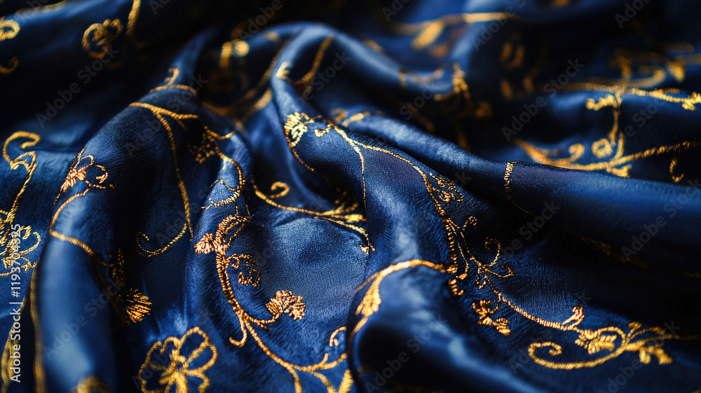 Luxurious navy blue silk fabric with detailed golden embroidery, creating an opulent and elegant texture, ideal for premium fashion, textiles, or branding visuals.