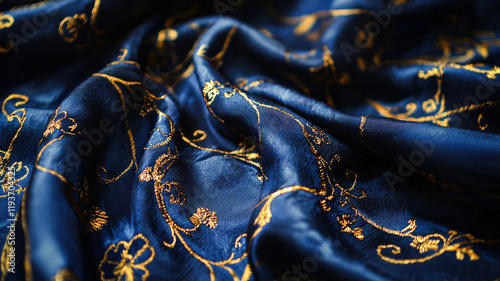 Luxurious navy blue silk fabric with detailed golden embroidery, creating an opulent and elegant texture, ideal for premium fashion, textiles, or branding visuals.
