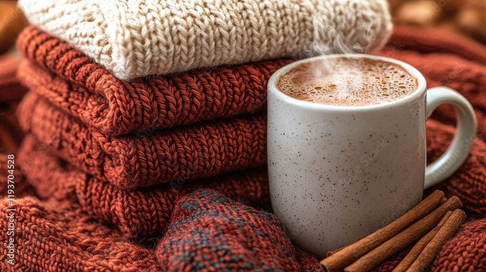 Cozy knitted scarves and gloves beside a steaming mug of hot chocolate with cinnamon sticks, inviting warmth on a winter day Cozy knitted scarves and gloves beside a steaming mug of hot chocolate with cinnamon sticks, inviting warmth on a winter day