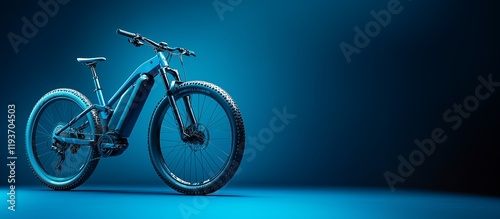 A modern electric mountain bike in a studio shot in a rich blue background. Copy space.