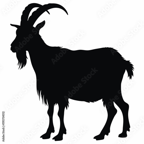 Black silhouette of a goat with curved horns on a white background