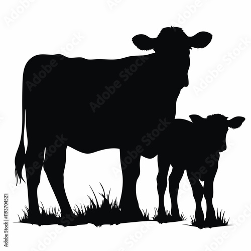 Black silhouette of a cow and calf standing on grass against a white background