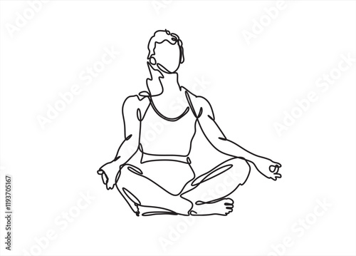 Woman sitting in lotus pose yoga. Continuous one line drawing. Vector illustration