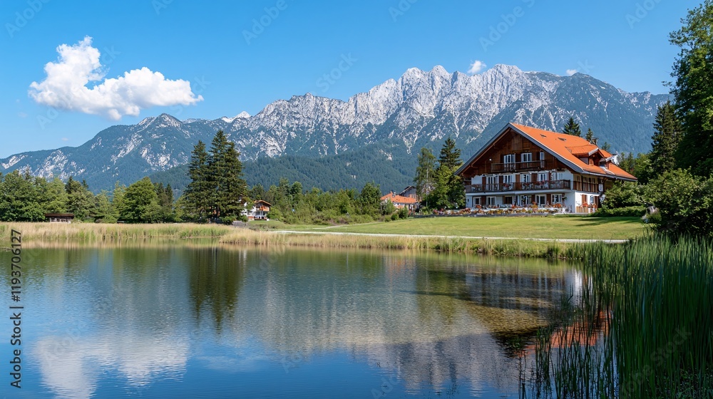 Fototapeta premium Alpine House by the Lake with Mountain View