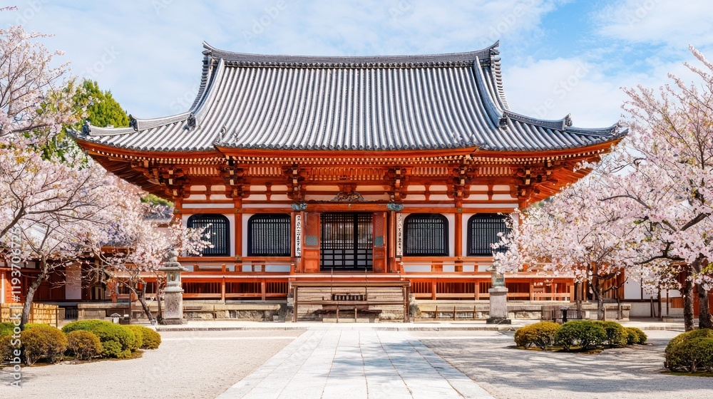 Obraz premium Traditional Japanese temple with cherry blossoms in spring.
