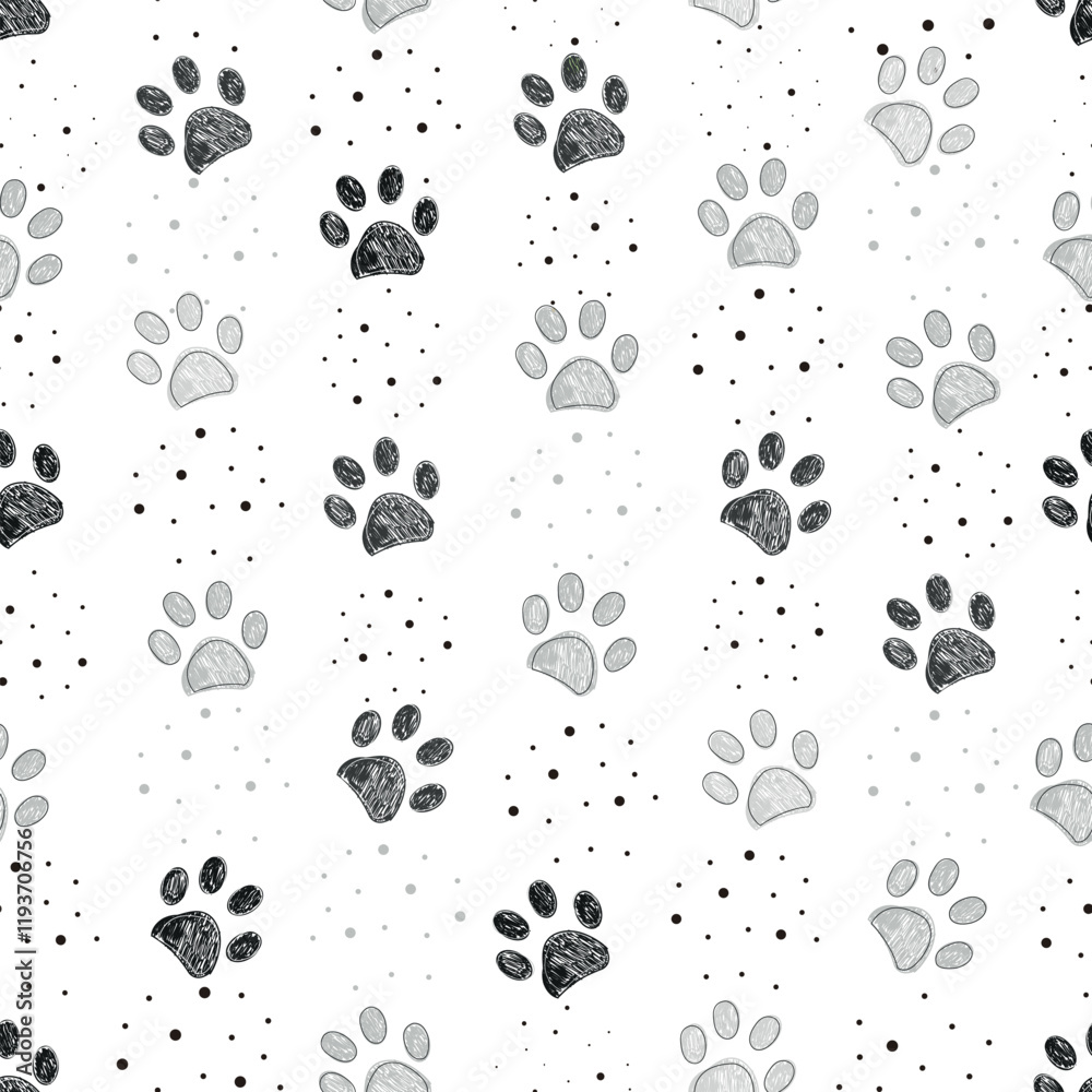Fototapeta premium Grey and black paw prints with dots seamless pattern