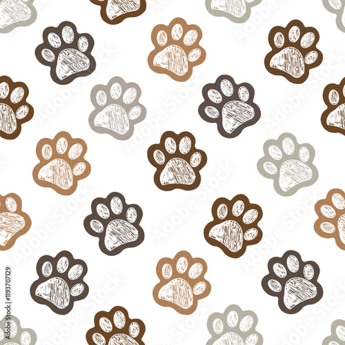 Brown doodle colored paw prints seamless fabric design pattern