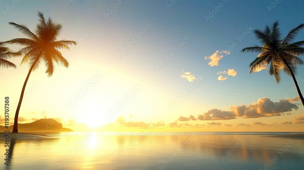 Obraz premium Captivating Sunset Scene with Silhouetted Palm Trees by the Water, Sunset palm trees silhouettes on tropical beach concept.
