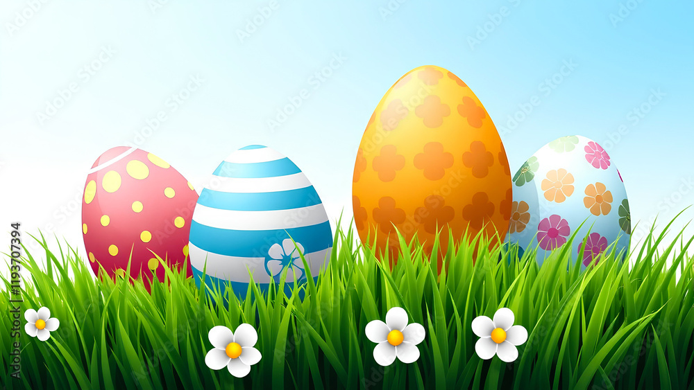 Illustration of bright Easter eggs with different patterns on green grass and white flowers on blue background. For Easter cards, blogs about holidays, advertising products and decorations.
Illustration of bright Easter eggs with different patterns on green grass and white flowers on blue background. For Easter cards, blogs about holidays, advertising products and decorations.