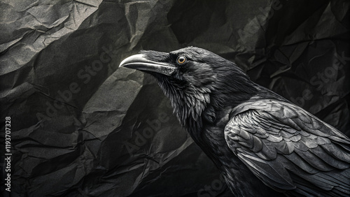  Close-up of a raven with shiny eyes, detailed plumage against a background of crumpled black paper.  photo