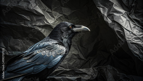  Close-up of a raven with shiny eyes, detailed plumage against a background of crumpled black paper.  photo