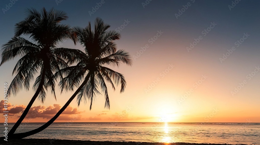 Tropical Beach with Striking Palm Trees at Sunset Over Ocean, Sunset palm trees silhouettes on tropical beach concept. Tropical Beach with Striking Palm Trees at Sunset Over Ocean, Sunset palm trees silhouettes on tropical beach concept.