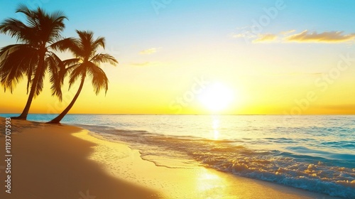 Serene Beach Sunset with Silhouetted Palm Trees Against Vibrant Sky, Sunset palm trees silhouettes on tropical beach concept.