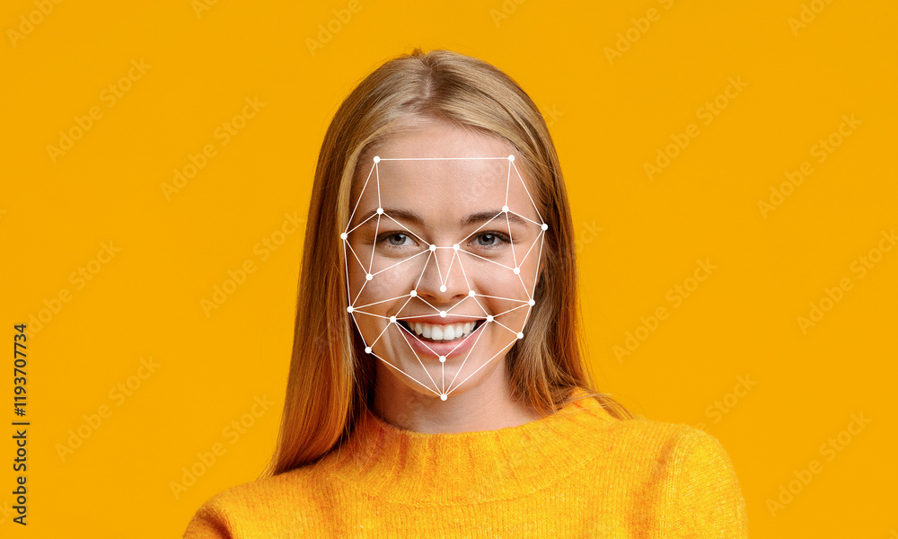 A young woman in a bright orange sweater smiles while facing the camera. Over her face, a digital overlay illustrates facial recognition features, showcasing modern technology. A young woman in a bright orange sweater smiles while facing the camera. Over her face, a digital overlay illustrates facial recognition features, showcasing modern technology.