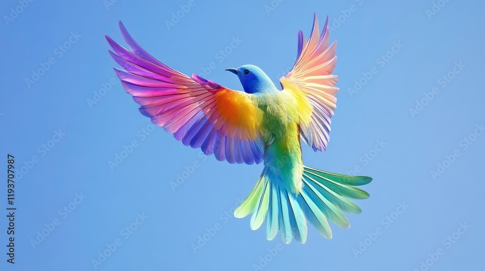 Obraz premium sadness emotion healing concept. Colorful bird in flight against a clear blue sky, showcasing its wings and feathers.