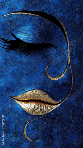 Navy Blue-Grey Abstract Painting: Modern Minimalist Portrait with Gold Lips in Cubism Style