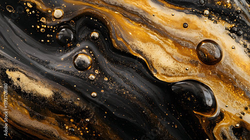An abstract blend of whiskey and cola forming dark and golden layers with swirling carbonated bubbles.