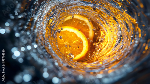 An abstract gin tonic with effervescent bubbles citrus slices and botanical elements forming a glowing spiral of liquid.