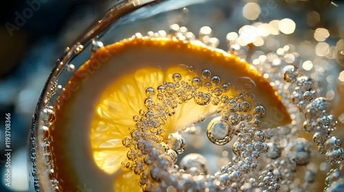 An abstract gin tonic with effervescent bubbles citrus slices and botanical elements forming a glowing spiral of liquid.