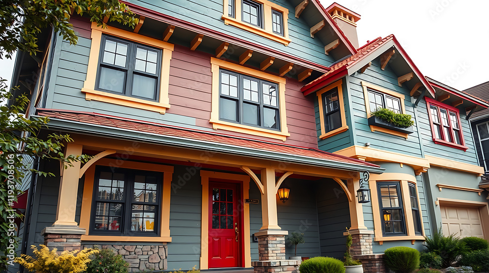 Fototapeta premium Colorful Dream House Exterior: Vibrant Facade, Red Door, and Charming Porch. A perfect blend of modern and classic architectural design. Ideal for real estate listings and home design inspiration.