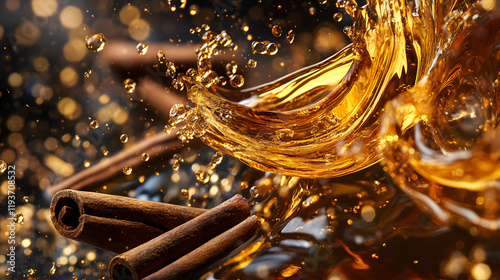 An abstract rum splash with dark liquid curling into fluid shapes surrounded by floating spices like cinnamon and vanilla pods.