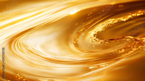 An abstract swirl of glowing golden whiskey with ice cubes caught mid-motion creating ripples and light reflections.