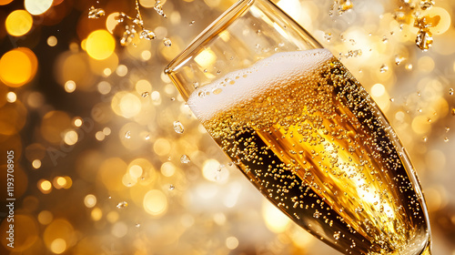 An effervescent champagne explosion with glowing golden bubbles scattering into sparkling abstract patterns.