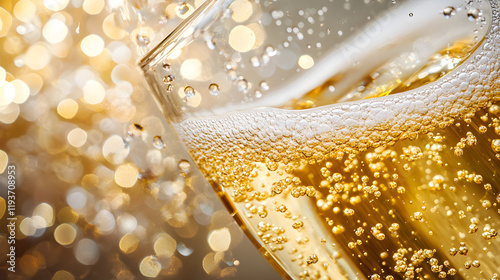 An effervescent champagne explosion with glowing golden bubbles scattering into sparkling abstract patterns.